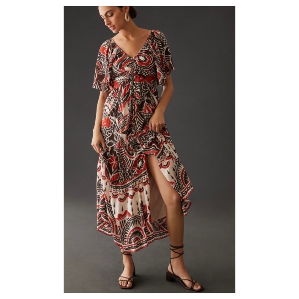 NWOT Anthropologie Tiered Cut Out Maxi Dress in Red Multi  Size Small